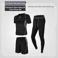 Men's athletic set with mesh panel short sleeve shirt, compression pants and shorts - S / Patchwork Tight Pants 3-Piece Set (Top And Bottom) / Gray