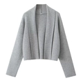Close-up of a cropped grey knit cardigan with a lapel collar and long sleeves - Gray