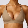 Brassière de sport côtelée kaki avec col en V profond et fines bretelles pour yoga - S / Hauts / Bronze