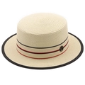Cappello boater in paglia con nastro a righe e logo M in metallo su fondo bianco - M (56-58cm) / Bianco Crema