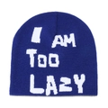 Detailed view of dark blue knit beanie featuring white I am Too LAZY jacquard lettering - M (56-58cm) / Blue