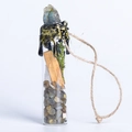 Handmade glass wishing bottle pendant with natural stones and dried plants on twine cord - Labradorite