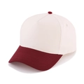 Detail of five-panel cotton baseball cap with cream crown and burgundy brim and top button - Burgundy