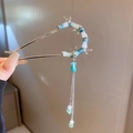 Épingle à cheveux en U motif bambou dégradé bleu avec longs glands perlés - Frange de Joint de Bambou en Perle Artificielle (60#) / Argent
