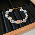 Vintage irregular freshwater pearl bracelet with square pink gemstone and gold chain - Artificial Pearl Bracelet Style 90