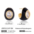 Golden stainless steel teardrop earrings with black enamel and oval zircon gemstone - C-Shaped Enamel Rhinestone Style / Black (JDE0111147-BK)