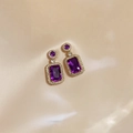 Elegant gold plated drop earrings featuring rectangular purple gemstones and zirconia - Purple Stud Earrings (Gold)