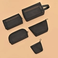 Set of 5 black mesh makeup bags with flocked heart patterns for travel storage - 5-Piece Set (No Heart) / Black
