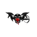 Macro shot of gothic silver skull piercing with bat wings and red heart gemstone detail - LA24082201-Bat Skull Labret/Ear Stud / Black/Red Zirconia
