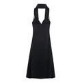 Elegant black satin halter neck midi dress with a minimalist A-line silhouette and smooth finish - XS / Black