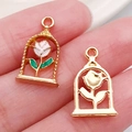 Golden rose flower charm pendants in bell jar design for DIY jewelry making - Pink Hollow Rose (21185)