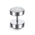 Macro detail of dumbbell stud earring featuring iridescent crystal and polished steel - Silver Base - White Druzy / 10mm