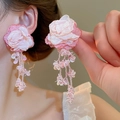 Pendientes de pétalos de malla rosa con flecos para vacaciones en la playa y estilo elegante - Borlas de cuentas de flores rosas (6#)