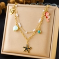 Gold double-layer ocean necklace with black starfish and pink seahorse pendants - Double Layer Starfish Seahorse Leaf (N3165)
