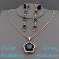 Rose gold stainless steel jewelry set with black clover pendants and long tassels - Long Tassel 2-Piece Set / Rose Gold