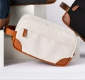 Retro beige canvas and PU leather men's toiletry bag with waterproof lining and handle - Off White