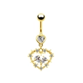 Macro shot of gold heart belly button ring with wings and cubic zirconia crystals - Gold Hollow Heart with Teardrop Gems