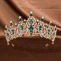 Elegant gold bridal crown with emerald and clear crystals on dark silk background - Gold Green