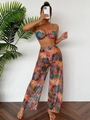 Detail of tropical leaf print mesh wide-leg pants and knot front bikini top set - Orange