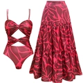 Two-piece floral cut-out swimsuit set with matching tiered maxi skirt for beach vacation - S / Rose Pink Print Set