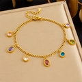 Detail of gold chain bracelet with multi-colored zircon charms and extension pendant - Multi-color Gemstone Style (B1784)