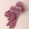 Pink knit touch screen gloves with fluffy faux fur cuffs and metal fashion tag - Gold Label Rabbit Fur / Purple