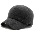 Thick dark grey wool baseball cap with ear protection and SPORTS leather patch - Adjustable / Gray