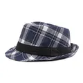 Cappello fedora classico a quadretti bianchi e blu con elegante nastro in canneté nero - M (56-58cm) Regolabile / Blu Marino Quadri
