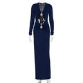 Close-up of navy blue dress with waist cut-out, ruching and silver rhinestone buckle - S / Navy Blue