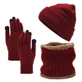 Set 3 pezzi bordeaux in maglia con cappello in pile, scaldacollo e guanti touchscreen - Borgogna