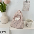 Close-up of floral canvas tote bag with white lace trim and blue flower patterns - Soft Pink With Blue Floral / Light Pink