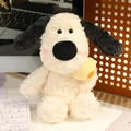 Plush puppy toy with cream curly fur, black floppy ears and heart holding sitting pose - 30cm Flower Hugging Dog