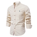 Détail d'une chemise en lin avec col officier, broderie et boutons effet bois - S / Kaki (SH291)
