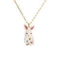 Golden necklace with white enamel rabbit pendant holding pink and blue flowers - Enamel Rabbit with Flowers (CN001511YS)