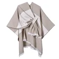 Close-up of khaki and cream color block knit shawl with detailed white fringe hem - Horizontal Stripe with White Fringe and Slash / Khaki White