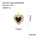 Detail showing 11x13mm gold plated heart pendant with zircon and black enamel finish - P00308-Black