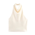 Detail view of cream satin halter top featuring elegant draped cowl neck and glossy finish - XS / Apricot