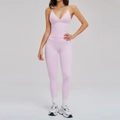 Women's light pink yoga fitness set featuring a V-neck backless top and high-waist leggings - S / Sakura Pink