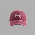 Vintage burgundy washed cotton baseball cap with white bow embroidery for women - Washed Cotton Bow Baseball Cap Style / Burgundy