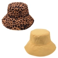 Close-up of leopard print and solid yellow cotton bucket hats for sun protection - One Size / Yellow Leopard Bucket Hat