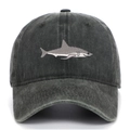 Close-up of shark embroidery on a vintage washed cotton dark grey baseball cap detail - Army Green