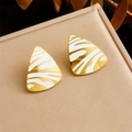 Golden geometric triangle earrings with white enamel and stylish zebra pattern details - Zebra Pattern Triangle (E6069)
