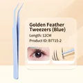 Pince à cils de précision bleu clair 12cm avec pointes courbées pour extensions - Pince plume dorée B7715-2 / Bleu