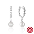 Elegant S925 sterling silver beaded hoop earrings with white pearl pendants on white background - Style #2 / White Gold