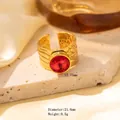 Gold plated open ring with red stone inlay and textured band detailing, weight 9.5g - Adjustable Open / Gold Dotted Scale Texture with Round Red Gemstone (JOM25004)