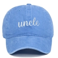 Vorderansicht der gewaschenen himmelblauen Baumwoll-Basecap mit weißem Uncle-Stickerei - Verstellbar / Onkel / Hellblau