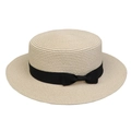 Classic beige flat-top straw boater hat with a wide brim and black ribbon bow detail - Ribbon Bow Decor Band Style (303I)
