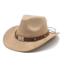 Classic light camel suede cowboy hat with vintage brown belt and metal buckle on white background - M (56-59cm) / Camel