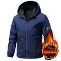 Giacca da uomo blu navy antivento con cappuccio, calda fodera in pile e taglio slim - Foderato in Pile Blu Profondo