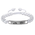 Macro detail of custom eye photo engraved on metal plate with clear beaded bracelet - White Crystal Bracelet - Silver Metal Plate